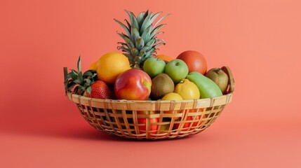 Basket overflowing with colorful, diverse fruits; apples, oranges, bananas, berries, grapes, and more