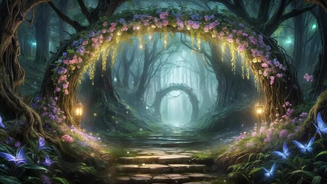 森と花のアーチのファンタジーな風景の背景動画