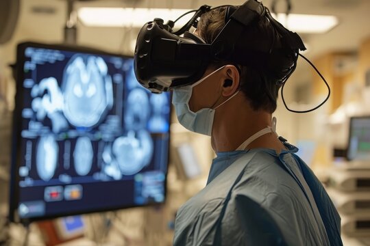 In this image, a man can be seen wearing a virtual headset in a hospital room, Neurosurgeon using virtual reality for surgical planning, AI Generated