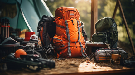 Fototapeta premium Camping backpack, elements and equipment in a forest lawn.