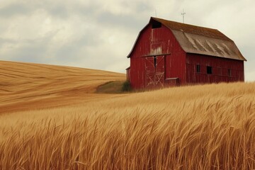 A red barn stands prominently in the center of a vast wheat field, surrounded by golden stalks of grain under a clear blue sky, Old red barn in a field of tall golden wheat, AI Generated