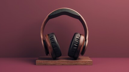 A pair of headphones perched elegantly atop a wooden stand, creating a serene and balanced composition