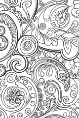 Detailed monochromatic floral doodle art, showcasing complex swirls, paisleys, and flower elements Perfect for backgrounds or textiles