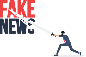 Businessman use scissors cutting fake news text, Stop fake news and misinformation spreading on internet and media

