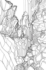 Abstract detailed line art of crystalline rock formations, ideal for conceptual and imaginative artworks