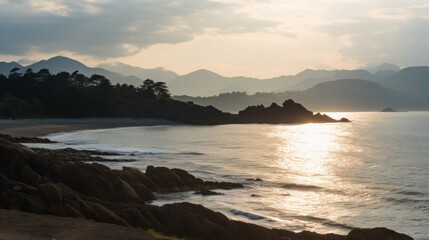 View of the sea and mountains with the evening sun