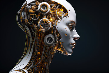 Cyborg woman with machine part of her head. Over gray background.