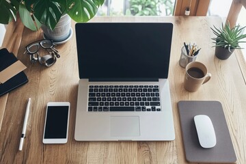 An open laptop computer is positioned on top of a sturdy wooden desk, ready for use, Organized and clean desktop with laptop and accessories, AI Generated