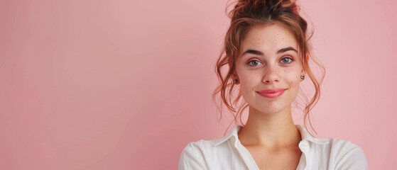 Close-up of a young female with auburn hair, freckles, and a subtle smile, wearing a white shirt against a pink background - obrazy, fototapety, plakaty