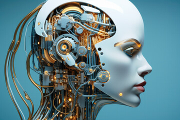 Cyborg woman with machine part of her head. Over gray background.