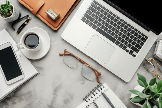 A desk featuring a laptop, notebook, glasses, and a cup of coffee, creating a practical workspace, Organized and clean desktop with laptop and accessories, AI Generated