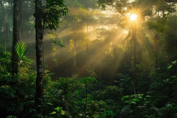 The suns rays cast a warm, dappled light as they shine through the dense foliage of the jungle, Panorama of a rainforest during sunrise, AI Generated