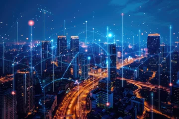 Foto op Canvas Night Skyline With Abundant Lines and Dots, Panorama of a smart city with IoT connections, AI Generated © Ifti Digital
