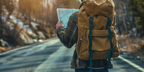 Wanderer mit großem Rucksack hält Landkarte in den Händen und sucht den Weg