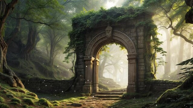 ファンタジーな森と石の建物の風景の背景動画