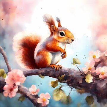 A cute little squirrel sits alone on a flowering branch. Landscape illustration with birds in watercolor style. Abstract watercolor painting. Generative AI