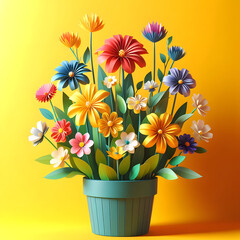 Pot of flowers, paper flowers, isolated on  a Yellow background, 3d render