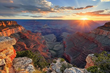 The sun is setting over the majestic Grand Canyon, casting a golden glow on the towering cliffs and deep crevices, Panoramic view of the Grand Canyon at sunrise, AI Generated