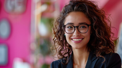Young professional woman with curly hair and glasses smiling warmly, wearing a blazer in a business setting