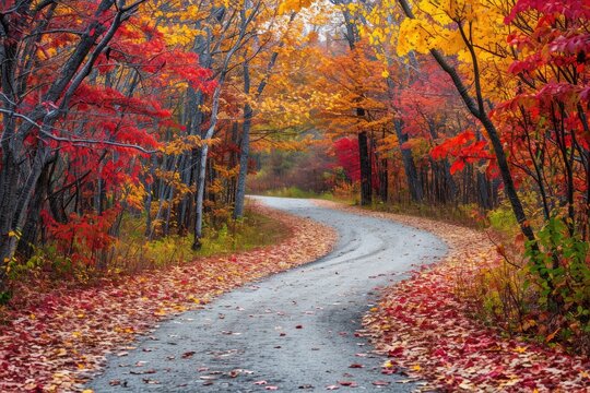 A picturesque dirt road lined with trees and covered with fallen leaves, creating a serene autumn scene, Path cutting through colorful autumn foliage, AI Generated