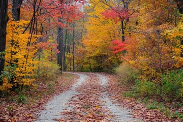 Naklejka premium A dirt road winds its way through a dense forest, surrounded by tall trees and a canopy of green leaves, Path cutting through colorful autumn foliage, AI Generated