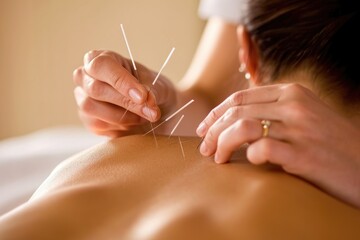 Woman Receiving Acupuncture Massage for Back Pain Relief, Patient receiving acupuncture treatment, AI Generated - obrazy, fototapety, plakaty