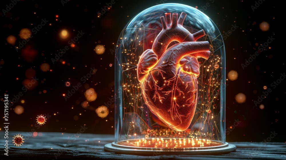 Leinwandbilder human heart with attacking viruses in transparent glass dome. medical concept. low poly style. geome