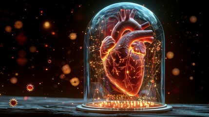 Human heart with attacking viruses in transparent glass dome. Medical concept. Low poly style. Geometric background. Wireframe connection structure. Vector.