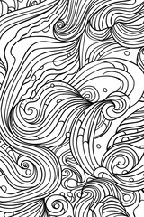 Detailed black and white illustration with wavy lines, swirls, and dotted patterns creating a dynamic and complex visual