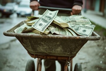 A man is exerting effort as he pushes a wheelbarrow filled with a large quantity of money, Person carrying a wheelbarrow full of dollars representing hyperinflation, AI Generated - obrazy, fototapety, plakaty