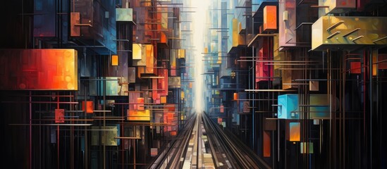 An art display device showcasing a painting of a city with a magenta train moving through it. The metal tracks contrast with the buildings, creating a vibrant urban scene