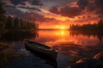A vibrant sunset over a still lake, with a single canoe in the foreground