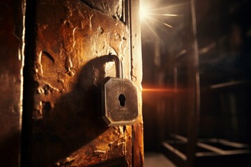 A close-up of an old, rusty door lock in an abandoned building, with the keyhole lit up by a single ray of light