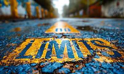 Bold no limits text painted on a highway road surface, symbolizing boundless potential, motivation, and the journey towards personal goals