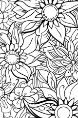 A detailed image designed for coloring, showcasing a variety of sunflowers and daisies with complex patterns