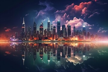 A wide shot of a city skyline at night, with colorful lights and reflections in the water - obrazy, fototapety, plakaty
