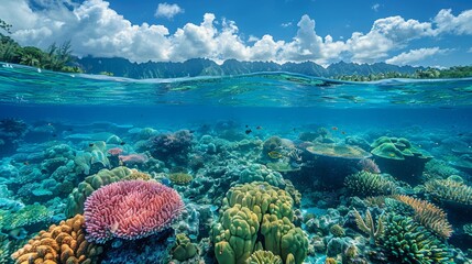 Oceanbed view of a coral reef with the horizon and water surface separated by a waterline below the seabed