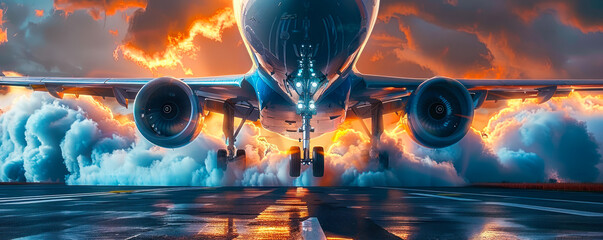 Dramatic view of an airplane's landing gear and jet engine on a runway, with intense smoke and vapor during a powerful takeoff, showcasing aviation might and travel readiness - obrazy, fototapety, plakaty
