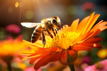 A close-up of a bee hovering over a vibrant and colorful flower, with its wings flapping in the sunlight