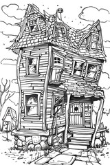 A hand-drawn illustration of a spooky, tilted haunted house, with exaggerated features for comical horror effect