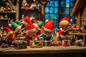 A collection of elf figurines sitting together on a tabletop, Playful elves preparing gifts in Santaâ€™s workshop, AI Generated