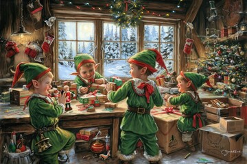 Obraz premium Three children working together to decorate a Christmas tree with ornaments, lights, and garlands, Playful elves preparing gifts in Santaâ€™s workshop, AI Generated