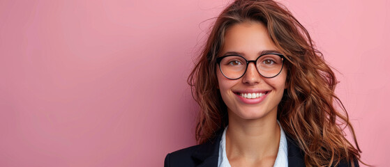 A professional young woman in business attire, smiling confidently with a soft pink background