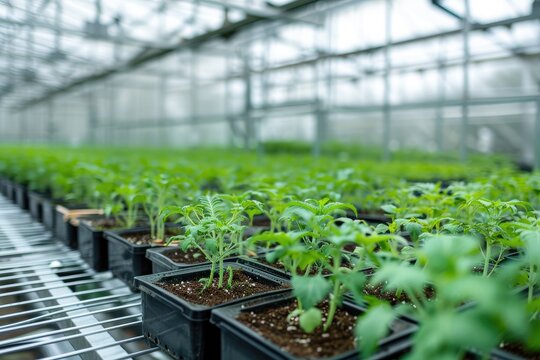 A photo of a greenhouse packed with a variety of lush green plants, Plants fused with technology in a biotech greenhouse, AI Generated