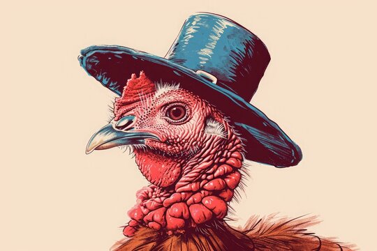 This photo depicts a detailed drawing of a turkey wearing a top hat, showcasing a whimsical and festive portrayal of the bird, Playful illustration of a turkey wearing a pilgrim hat, AI Generated