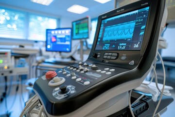 A hospital room featuring a variety of medical equipment and monitors used for patient care, Portable ultrasound device in use, AI Generated
