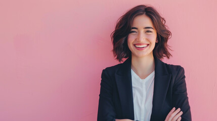 A cheerful young woman with short hair wearing a black blazer over a white shirt, smiling against a pink backdrop