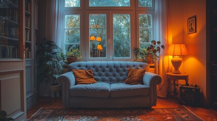 Couch, armchair, and glowing lamps in living room