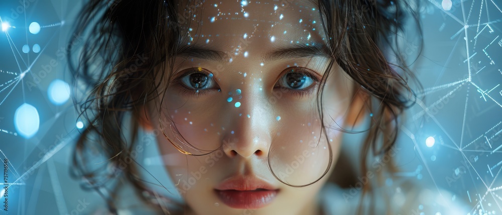 Aufkleber the concept of staying up-to-date with the latest technology in a fast-moving world. a young asian w