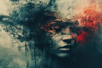 In this photo, a womans face is shown with a significant amount of smoke emanating from it, Post-traumatic stress disorder abstract representation, AI Generated - obrazy, fototapety, plakaty